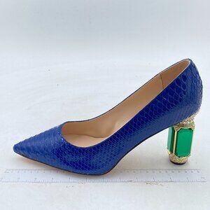 FSJ Blue Snake Print Pointed Toe High Heel Crystal Pumps Slip on Wedding Shoes